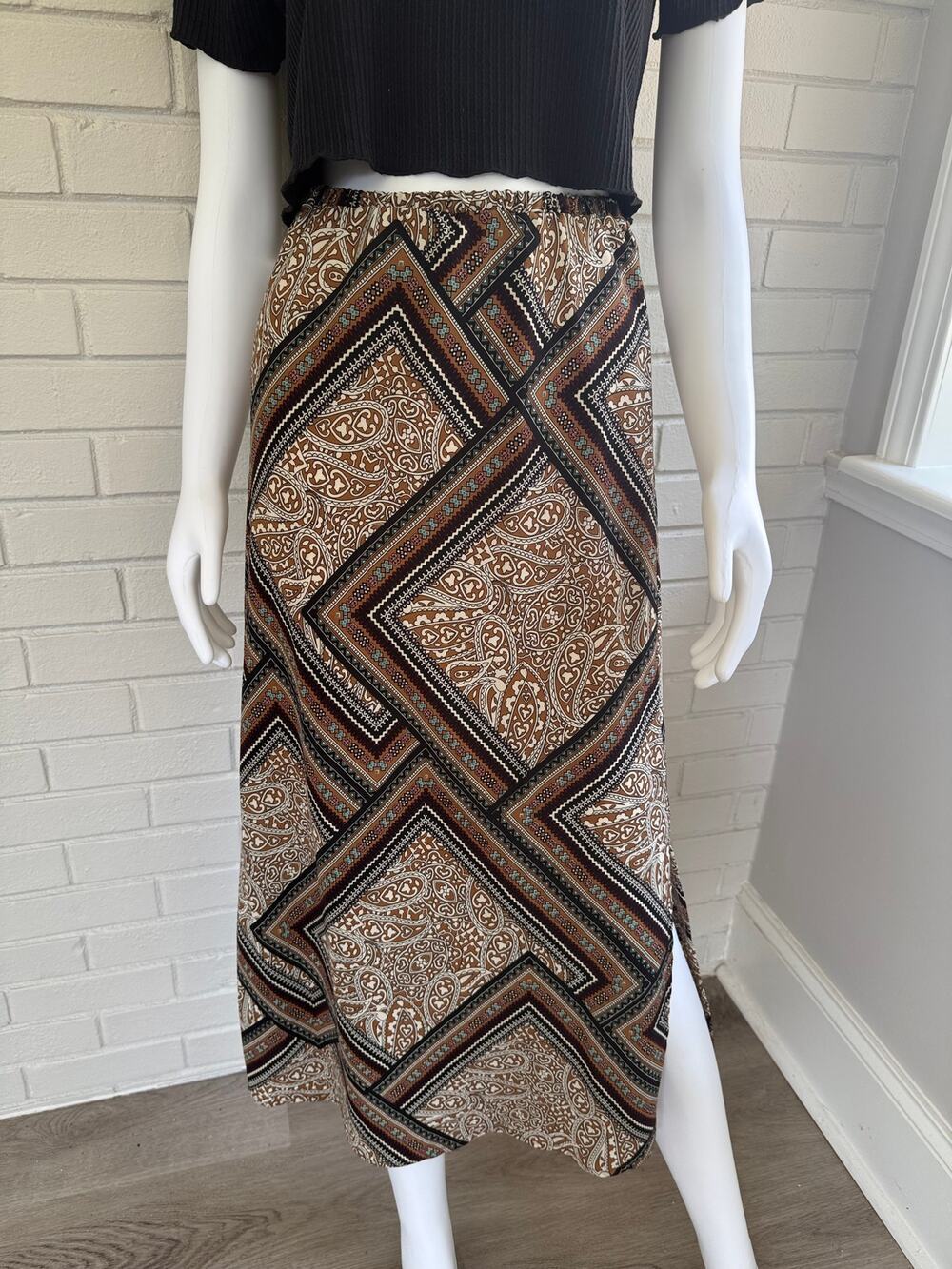 Molly Green Midi Skirt M Brown Paisley Boho Western Festival Pull On Flowy